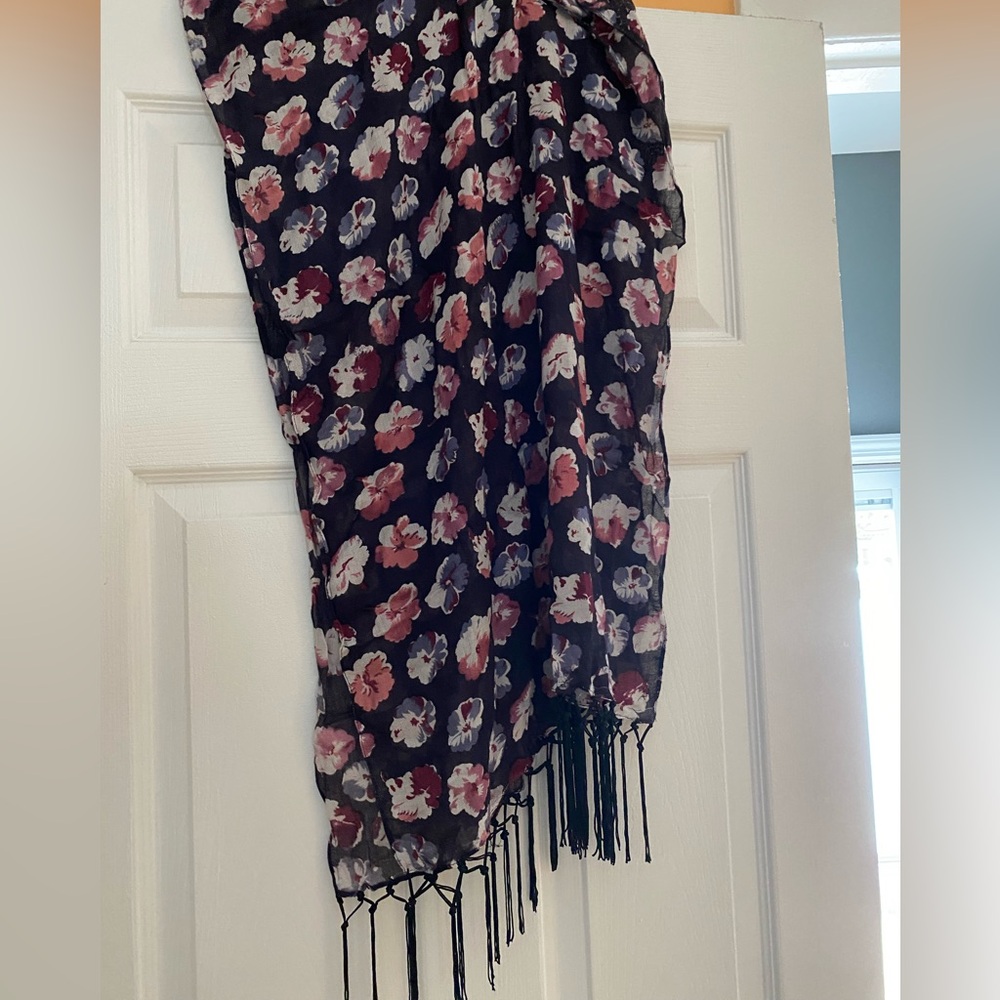 Floral Sheer Fringe Scarf - Black with Pink & White Flowers